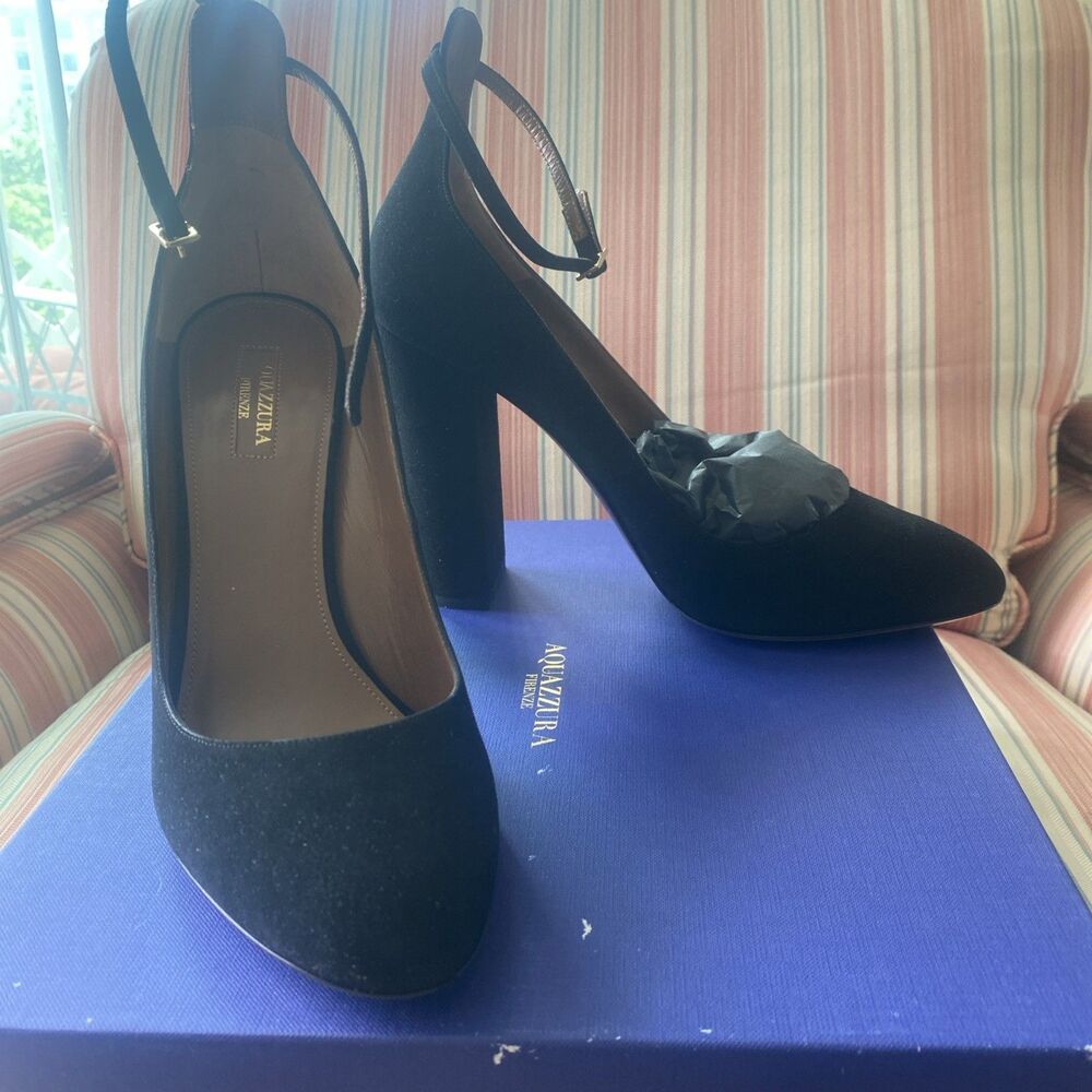 New Aquazurra Black Suede Ankle Strap Heels “ ALIX” Size 11M